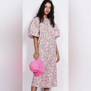 H&M Puff Sleeve Floral Pink Midi Dress Boho Choc feminine bridgerton Cottage